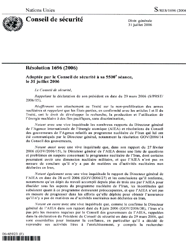 ... du conseil de sÃ©curitÃ© des nations unies sur le nuclÃ©aire iranien