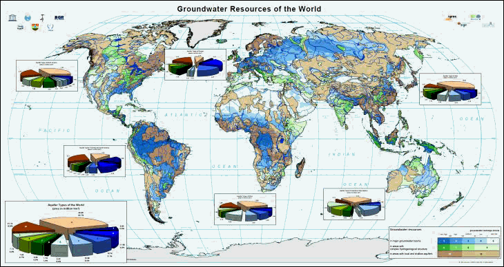 Map "Groundwater Resources of the World 1 : 25 000 000" (ed. 2008) with detailed distribution of main hydrogeological units by continents