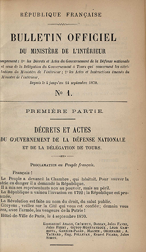 D�cret n� 1 du 4 septembre 1870, proclamation au peuple fran�ais