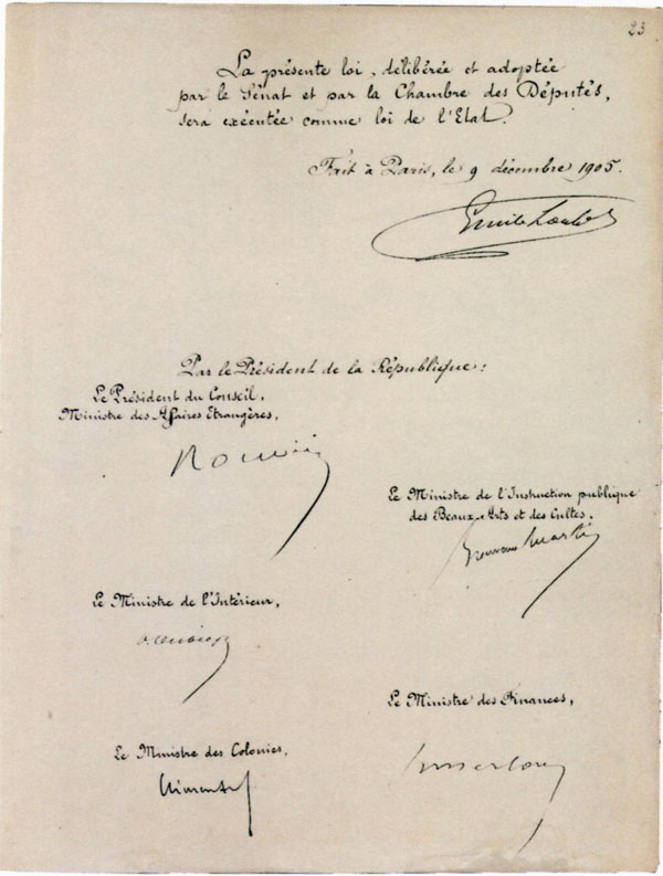 Loi du 9 dcembre 1905 concernant la sparation des glises et de l'tat (signatures)