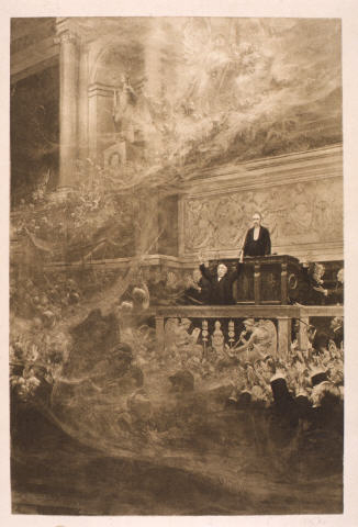 Clemenceau à la tribune de la Chambre des députés, 11 novembre 1918 - Lithographie, par René Rousseau-Decelle