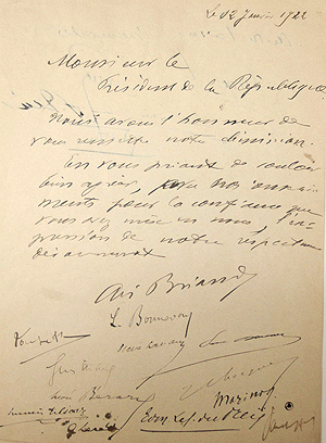 Lettre de dmission de son septime gouvernement, adresse au Prsident Millerand le 12 janvier 1922. 