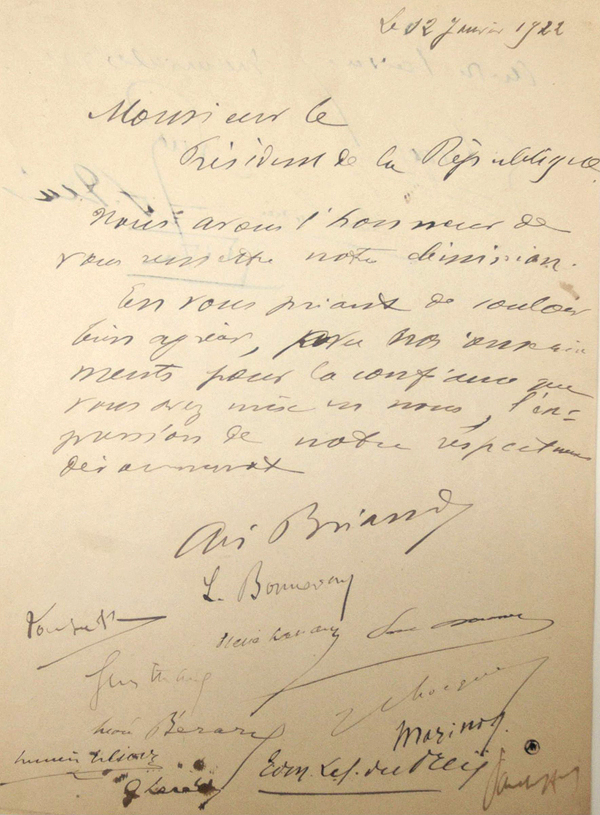 Lettre de dmission de son septime gouvernement, adresse au Prsident Millerand le 12 janvier 1922. 