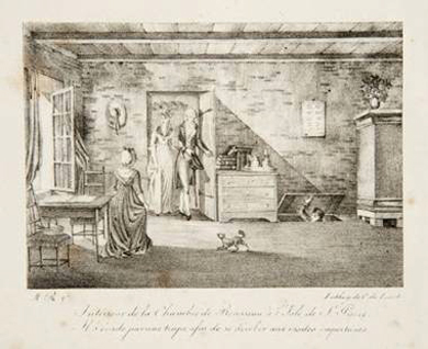Maison de L’Isle Saint Pierre ; J.J. Rousseau échappe, par une trappe, à une visite importune<br/><br/><br/>
