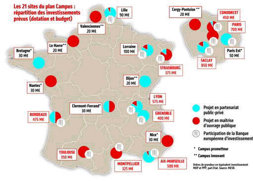 es 21 sites du plan Campus : rpartition des investissements prvus