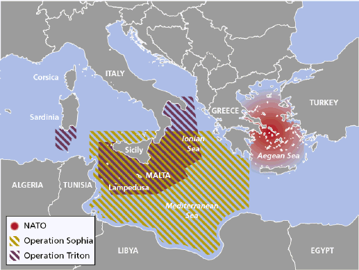 ap of the Mediterranean showing the areas of opeartion of Opeartion Triton, Operation Sophia and NATO naval operations to comat irregaluar migration on the EU's borders