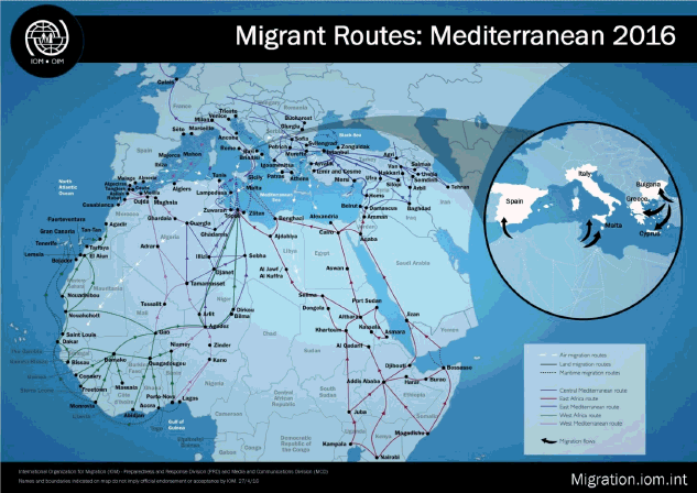 G:\Commission\Missions d'information\Rôle de la marine nationale en Méditerranée (Ciot_Marleix - BV)\2. doc\IOM\Migrant_Routes_ Mediterranean 2016_April 27.jpg