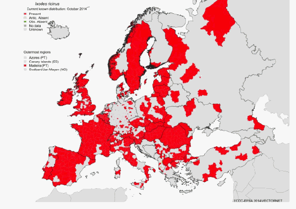 xodes ricinus - current known distribution - October 2014