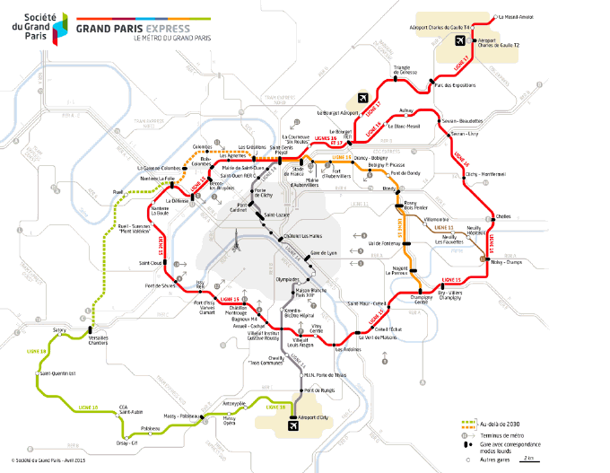 La carte du Grand Paris Express (avril 2015)