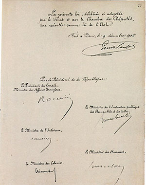 Loi du 9 dcembre 1905 concernant la sparation des glises et de l'tat (signatures)