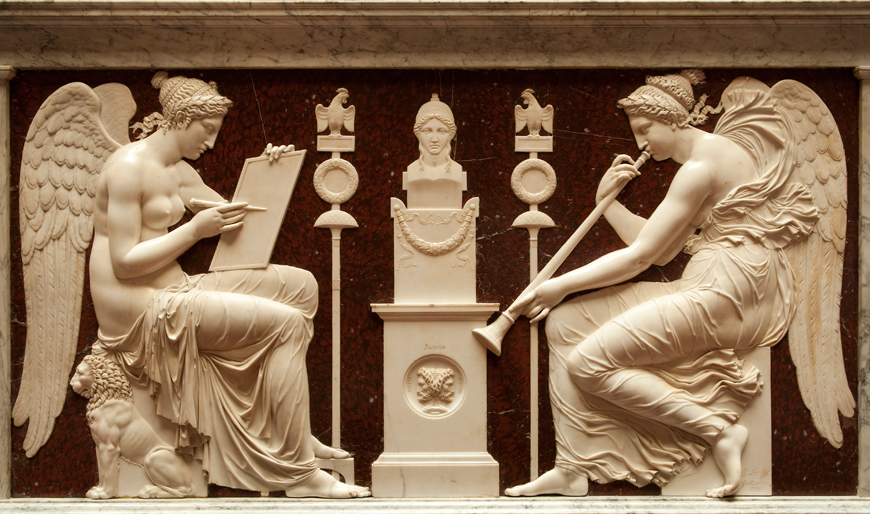 L'Histoire et la Renommée, bas-relief en marbre de la tribune de l'orateur de l'hémicycle par Lemot 